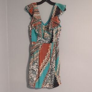 Bisou Bisou Teal And Orange Mini Sundress V-Neck Cocktail